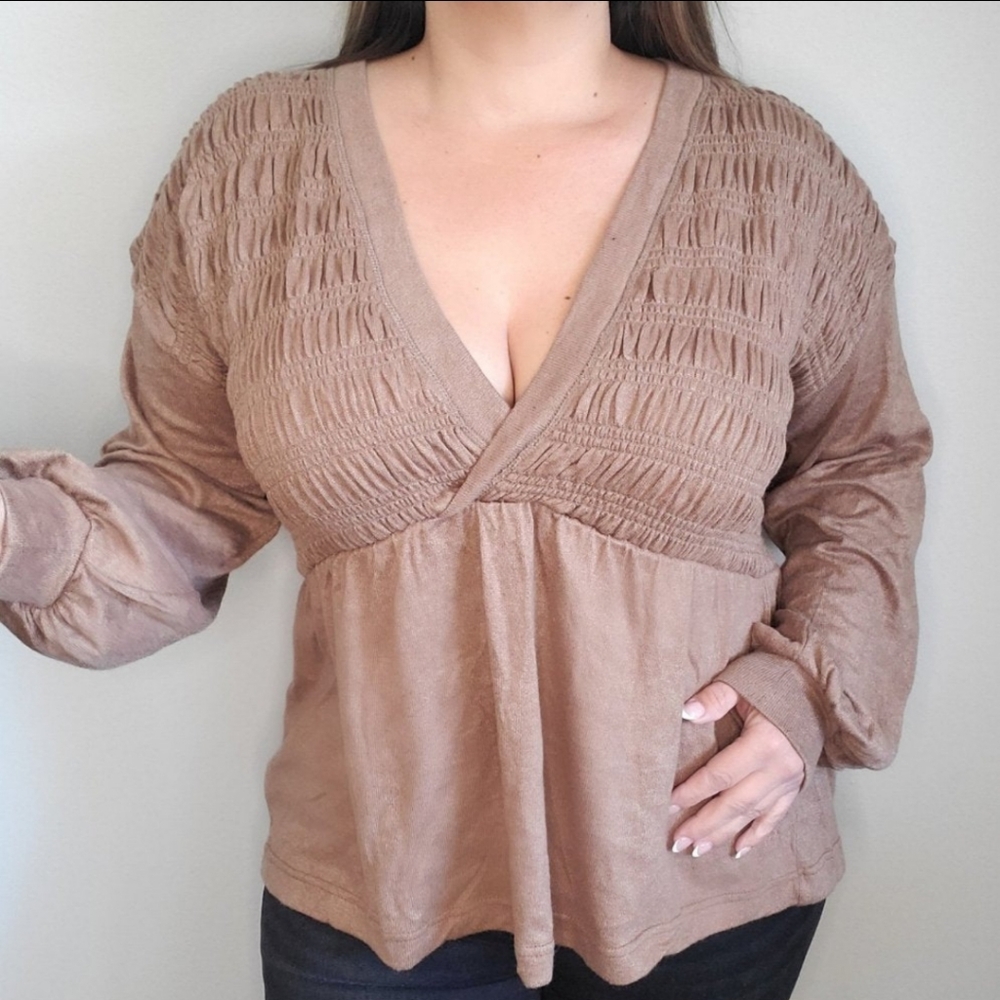 LONG SLEEVE V NECK BABYDOLL BLOUSE-Brown
